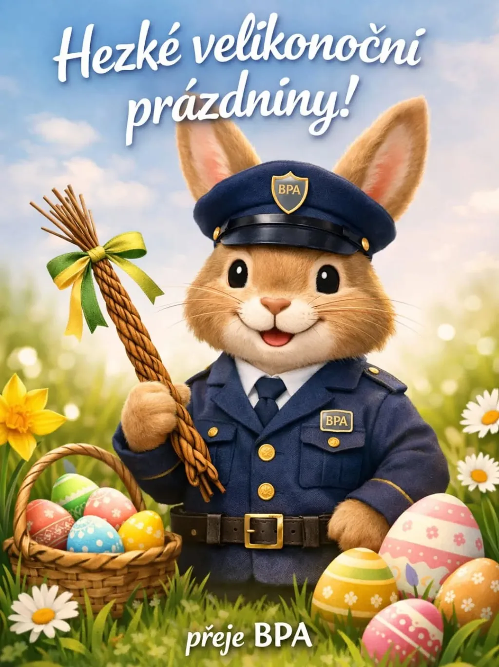 Ilustrovaný králík v policejní uniformě BPA s pomlázkou a velikonočními vajíčky, přání hezkých svátků.