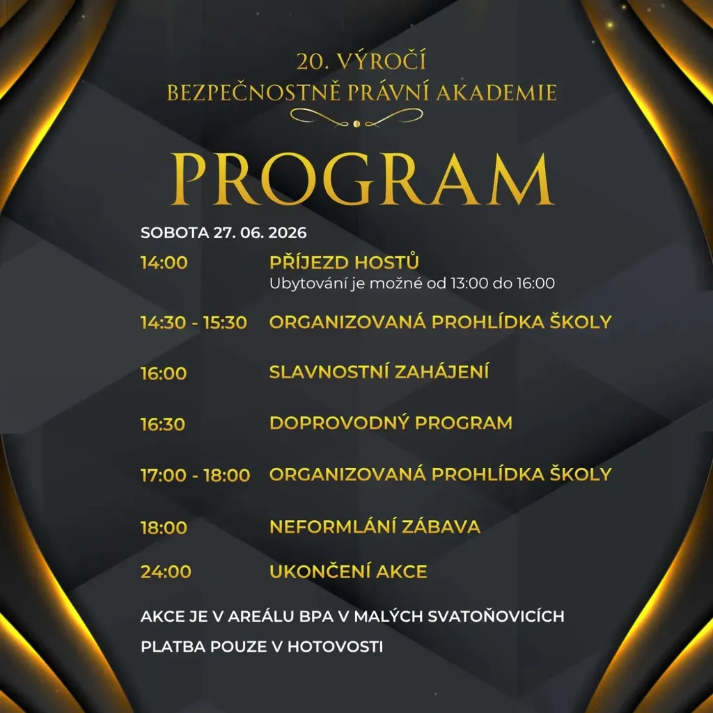 Plakát s programem oslav 20. výročí Bezpečnostně právní akademie.